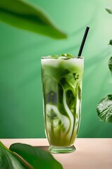 A big glass of iced matcha latte with a straw displayed in a studio light green themed representing freshness and quality product