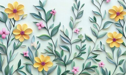 Fototapeta premium Paper flowers and leaves, botanical design, spring background, nature wall art