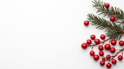 Christmas tree branch with red berries and green leaves on white background flatlay composition with spruce