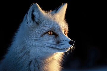Close-up portrait of a majestic fox illuminated by soft light against a dark background