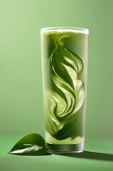 A tall glass of refreshing iced matcha latte next to a tea leaf in a studio setup with green themed background for a matcha product display for a website or social media post