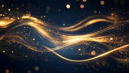 Obraz premium Golden glittering waves flow on dark background.