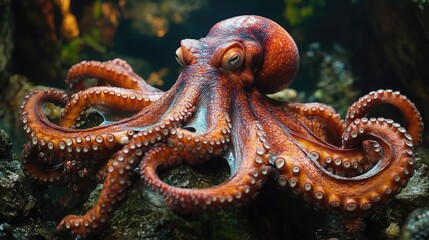 Vibrant octopus gracefully navigating through a colorful underwater habitat with coral reefs