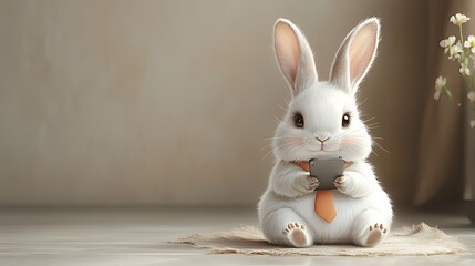 Cute bunny using phone, home office, flowers