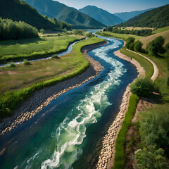 Fototapeta premium Zigzag River Flowing Through Summer Valleys Color Illustration