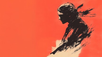 Artistic portrait illustration of a woman in profile against a stark red background brushstrokes convey motion & emotion Abstract beauty