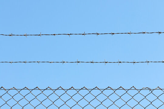 A chain-link fence with barbed wire on top, constructed for security purposes along the boundary of a garden.