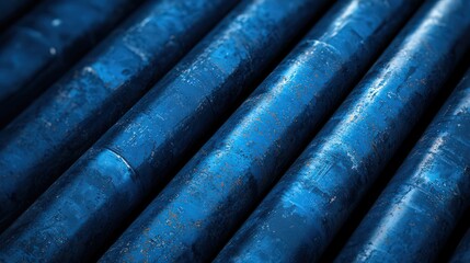 Close-up of stacked blue metal pipes creating a textured industrial background