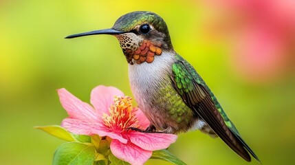 Fototapeta premium Vibrant hummingbird perching on pink flower blossom