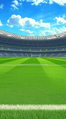 Fototapeta premium Empty stadium under a blue sky, soccer field, sports background, for use in design projects