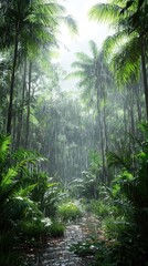 Fototapeta premium Rainforest Downpour: Lush Greenery, Tropical Plants, Tranquil Creek