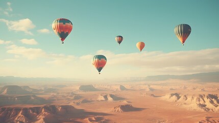 Naklejka premium Majestic air balloons gracefully floating above a vast picturesque landscape in a serene atmospheric aerial panorama