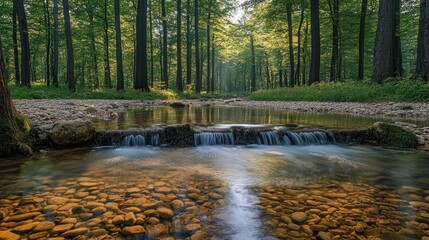 Serene forest stream with sunlight filtering through trees, peaceful nature scene in summer