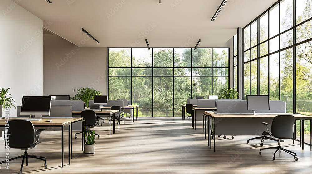 Wall mural Modern open coworking office interior with sleek design, featuring desks, chairs, and natural light through large glass windows. 3D Rendering