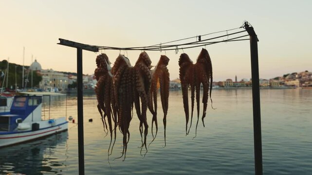 Rows of freshly caught squid hanging to dry under the warm Greek sun near the harbor.