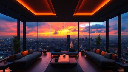 Fototapeta premium Stunning sunset view from a luxurious high-rise apartment overlooking a vibrant city skyline