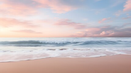 Obraz premium Peaceful and Serene Pastel Pink Sky at Dawn with Gentle Waves Washing Over Smooth Sand on a Picturesque Tropical Beach