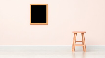 Minimalist interior featuring a blank blackboard frame on a pastel wall with a wooden stool