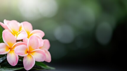 Naklejka premium Close-up of pink frangipani flower with yellow centers on green leaf in natural outdoor setting