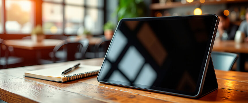 Modern tablet on rustic wooden café table, digital creativity