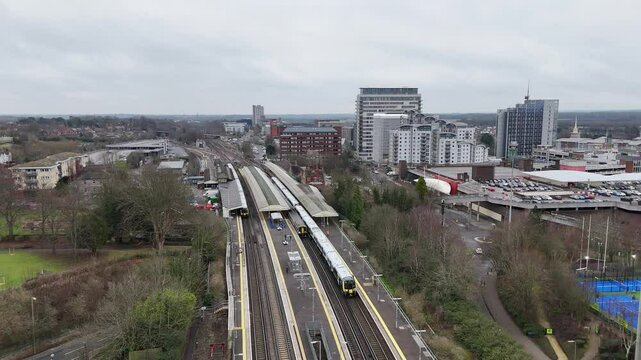 Aerial view Trains waiting at Basingstoke railway Station UK