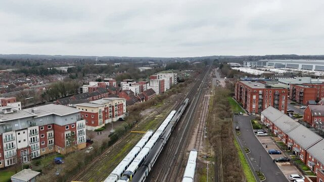 Drone tracking following two trains Basingstoke UK