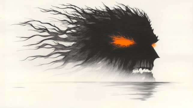 Eerie silhouette of a spectral figure with glowing eyes hovering over water rendered in a stark graphic style suggesting an eerie presence