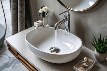 Fototapeta premium Stylish Ceramic Sink with Polished Chrome Faucet for Contemporary Bathroom Decor