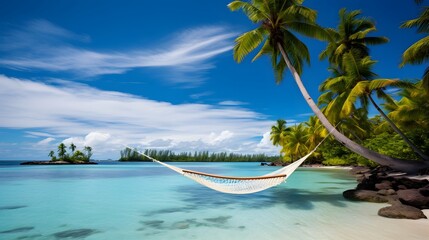 Naklejka premium Tranquil tropical island paradise with swaying hammocks strung between lush palm trees and crystalline azure waters lapping at the sandy shores