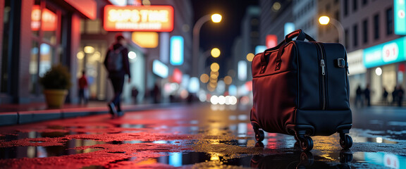 Travel bag under vibrant neon lights in urban night, adventure awaits