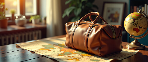 Vintage travel bag beside world map in cozy study, nostalgia