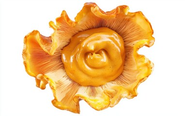 A floating chanterelle mushroom surrounded by a swirl of hollandaise sauce, bright white background