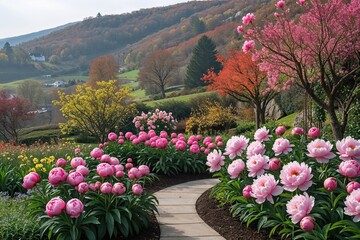 Fototapeta premium Stunning Spring and Autumn Scenery of a Vibrant Peony Garden Nestled in Scenic Hillside