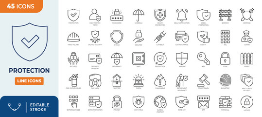 Protection icon set. Containing security, safe, shield, lock, alarm, umbrella, guard, fence and more. Outline Icon Collection. Vector illustration. Editable stroke