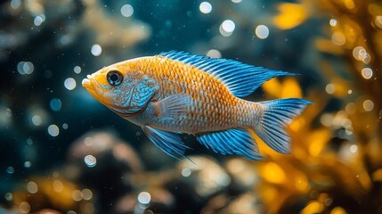 Fototapeta premium Vivid Electric Blue Cichlid Swimming Amidst Underwater Rocky Structures
