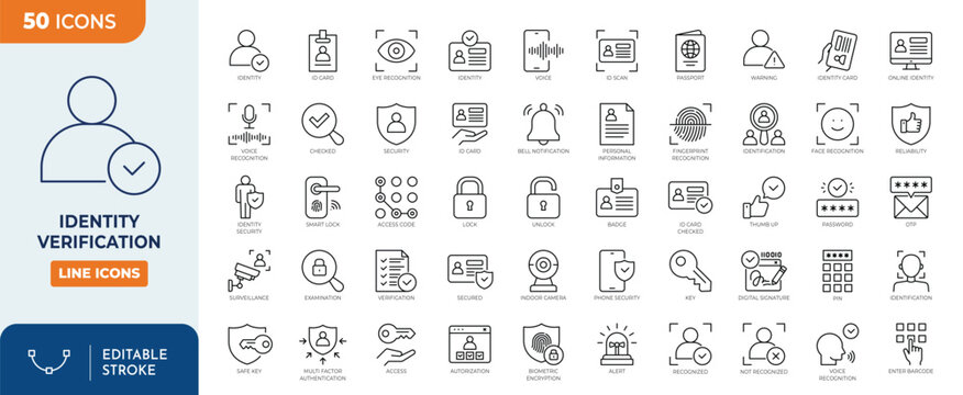 Identity and Verification icon set. Containing Passport, biometric, tools, driving license, face id, code, fingerprint, and more. Outline Icon Collection. Vector illustration. Editable stroke