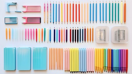 Fototapeta premium Meticulously Organized Assortment of Essential Office Supplies Including Pens Notebooks and Paper Clips Displayed on a Clean White Background