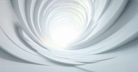 Concentric layers of soft white curves forming a vortex, creating a smooth, swirling motion toward a bright center, with a clean, minimalist design and bright contrasts