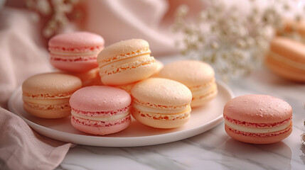 Obraz premium Delicate Pastel Macarons on Luxury White Marble, Minimalist Food Photography with Soft Shadows and Elegant Vibes