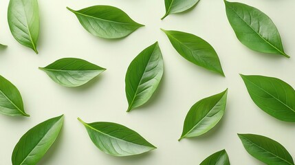 Naklejka premium Green leaves flatlay, pastel background, nature design