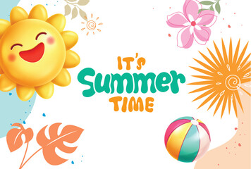 Summer time greeting clipart design. Summer time text with sun character with happy face clip art and tropical drawing elements in abstract background vector illustration.
