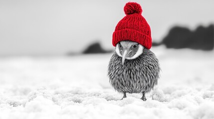 Adorable Bird in Red Knit Hat on Winter Beach with Snow Background
