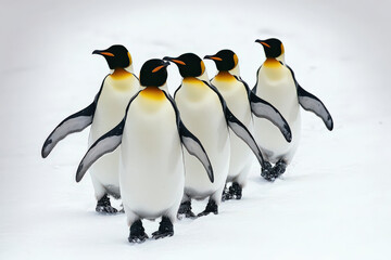 Fototapeta premium Penguins waddling happily on icy Antarctic landscape
