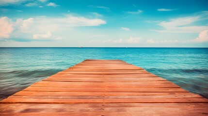 Obraz premium Serene image of a rustic wooden pier stretching out into calm ocean waters reflecting the surrounding peaceful environment A picturesque scene of nature and tranquility