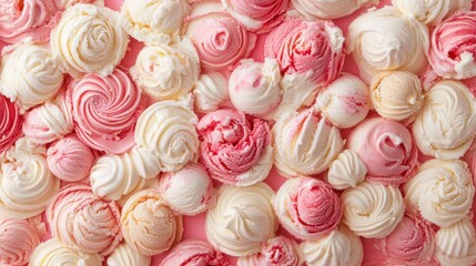 Colorful Variety of Swirled Ice Cream Scoops on Pink Background