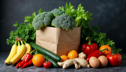 Una variedad de verduras y frutas frescas esparcidas alrededor de una bolsa de papel marr&oacute;n. Los productos incluyen br&oacute;coli verde, chiles rojos, pl&aacute;tanos amarillos, naranjas, tomates, pepinos