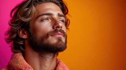 Fototapeta premium Portrait of Man With Stylish Hair Against Colorful Backdrop. Generative AI