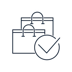 Shopping bags, tick. Successful shopping concept. Vector linear icon isolated on white background.