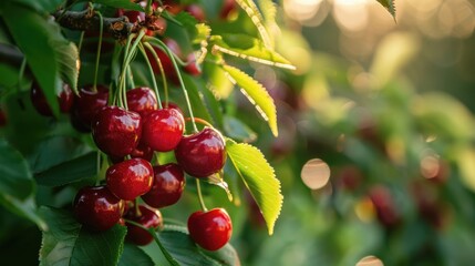 Obraz premium A cluster of ripe cherries on green branches, close up, as they bask in the sunlight within a blooming garden.