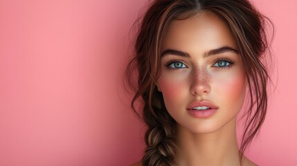 Naklejka premium Young Woman With Braided Hair Posed Against a Pink Background. Generative AI